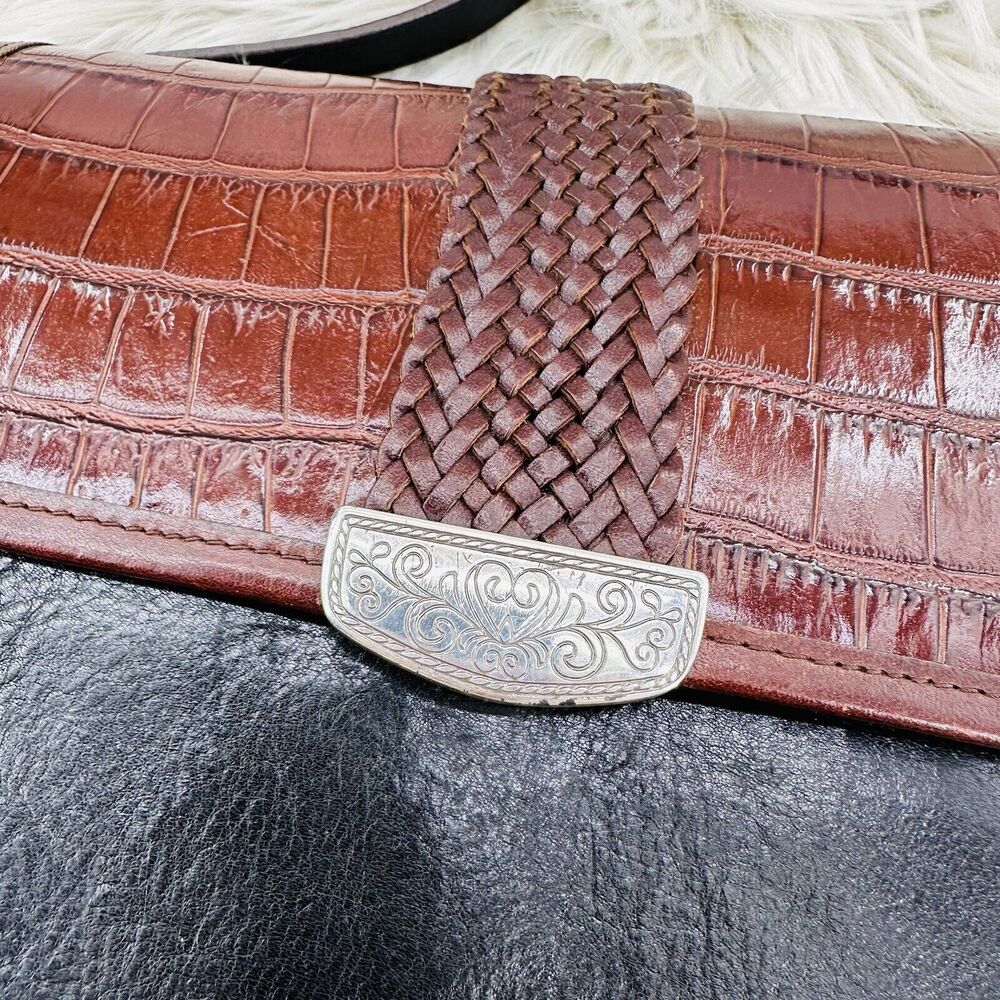 Vintage Brighton Crossbody Flap Organizer Leather Black & Brown Croc Print Purse - Picture 3 of 16